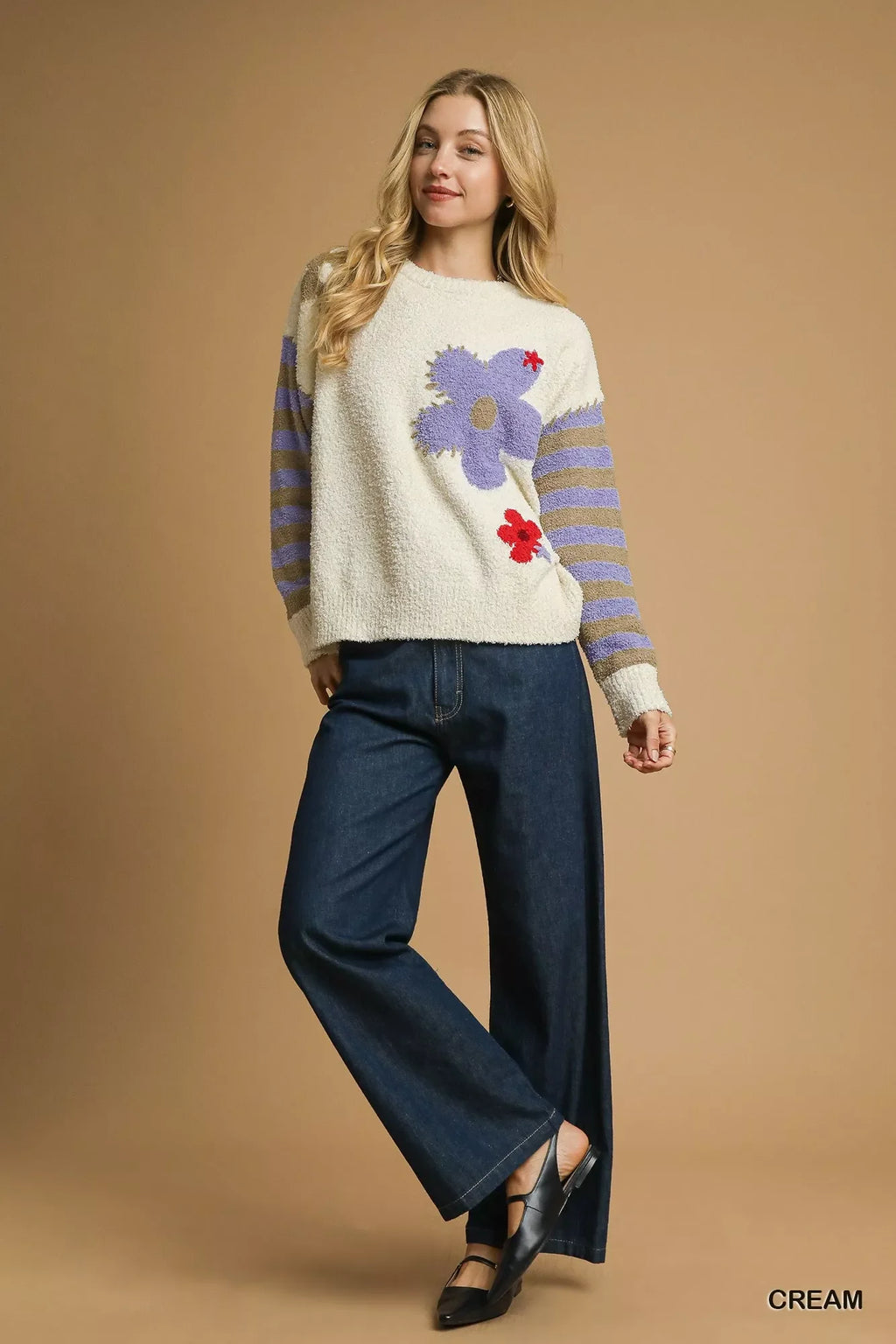 Flower Jacquard Striped Long Sleeve Sweater