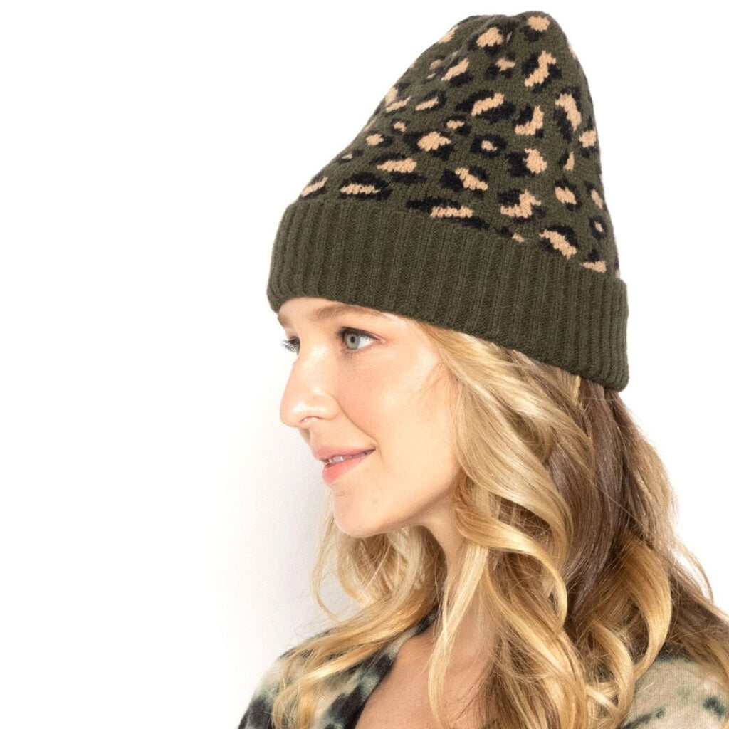 Cuff Beanie Olive Leopard Print Stylish Casual Knit Hat