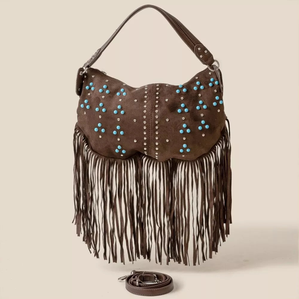Studded Pattern Multi Fringe Hobo Shoulder Bag