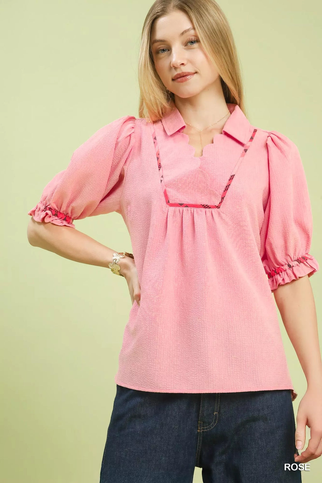 Scalloped Trim Blouse with Puff Sleeves