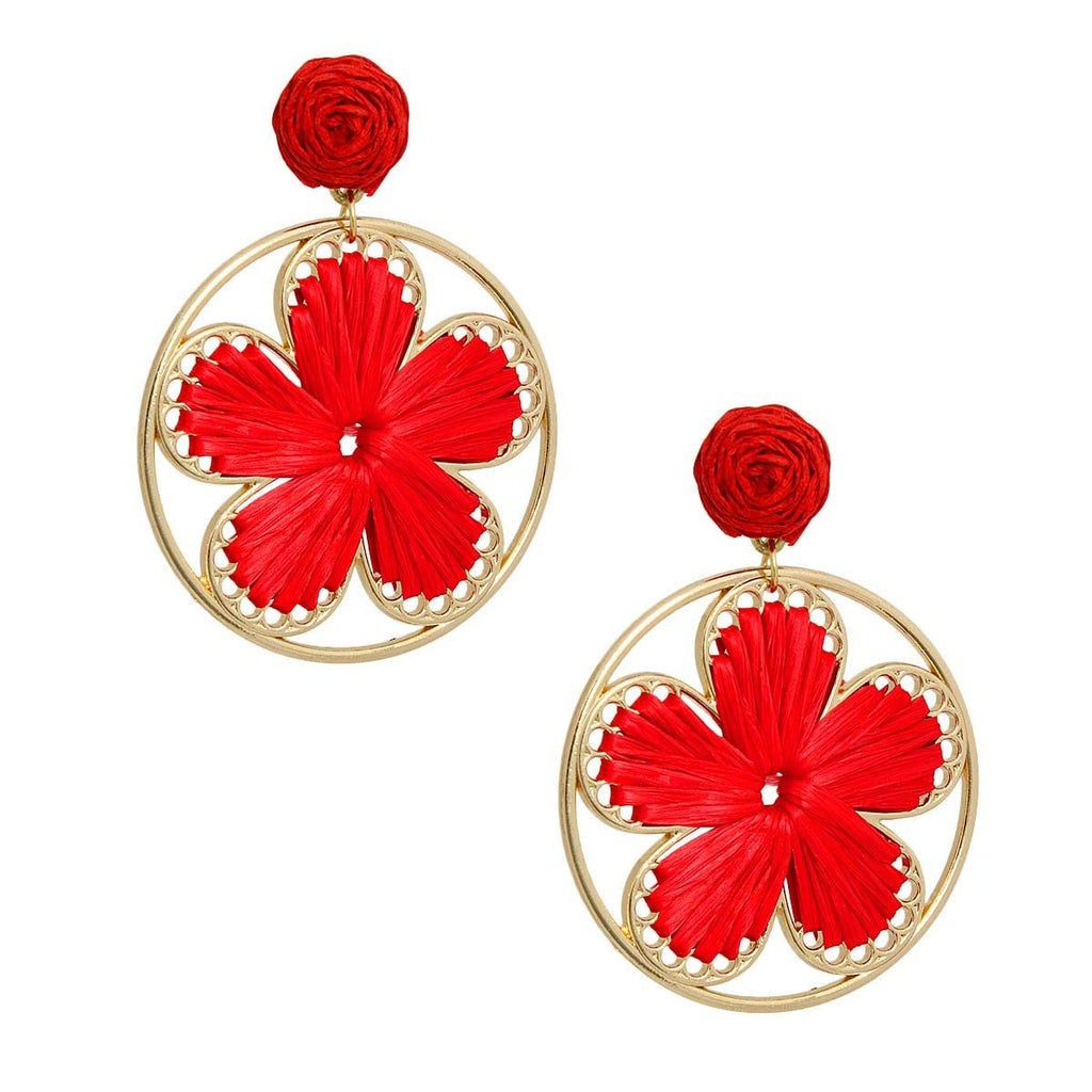 Round Red Raffia Flower Earrings – Stylish Statement Jewelry
