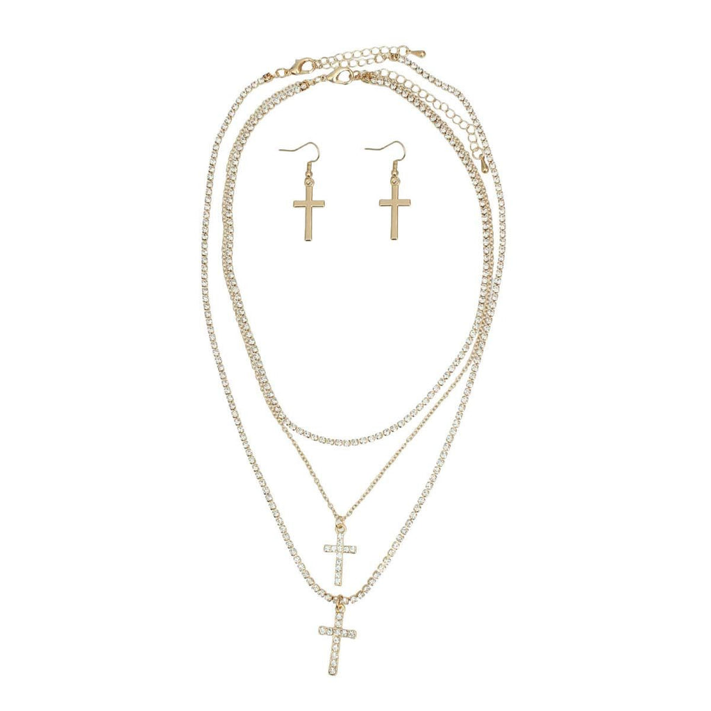 Layered Triple Gold Rhinestone Cross Necklace Stylish Statement Jewelry