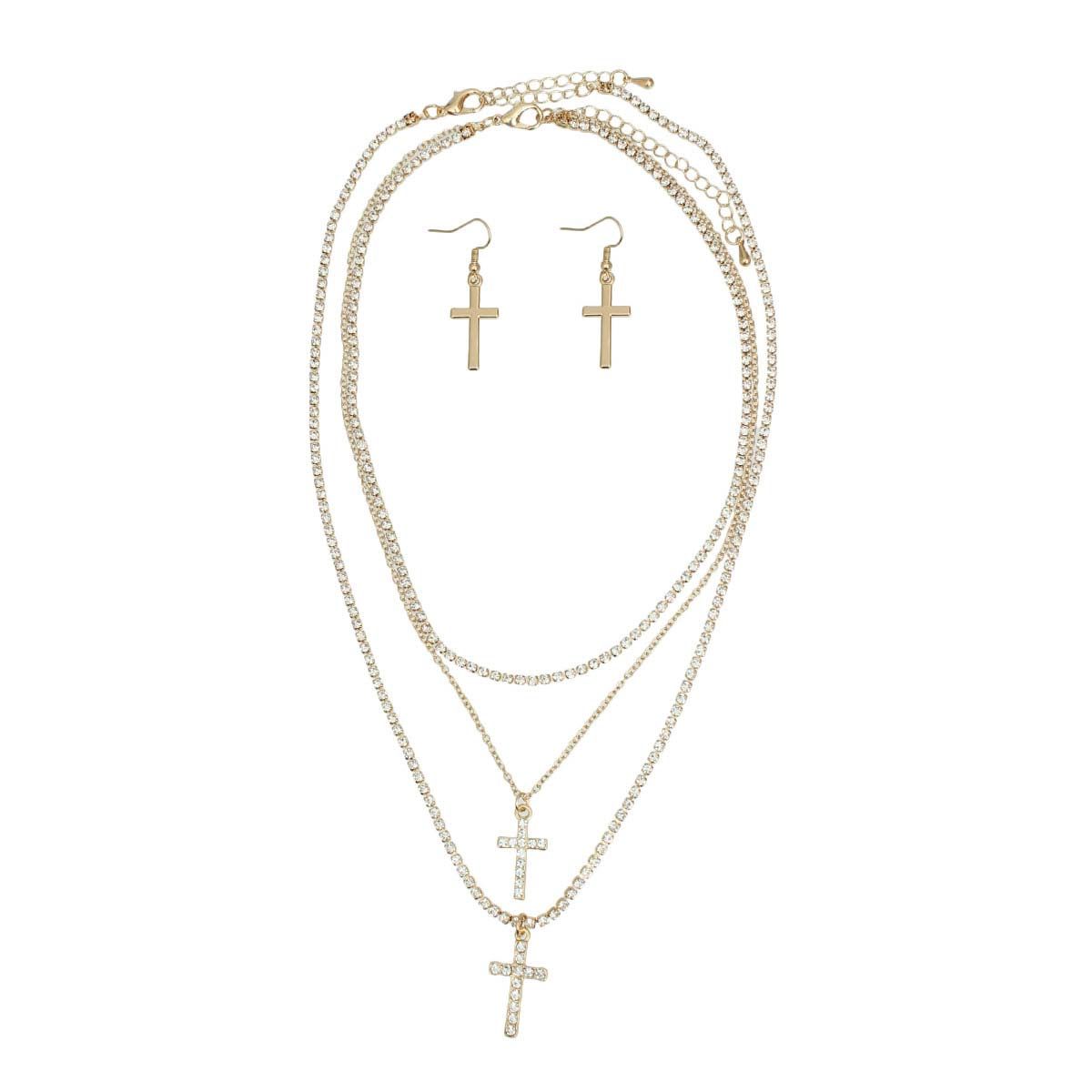 Layered Triple Gold Rhinestone Cross Necklace Stylish Statement Jewelry
