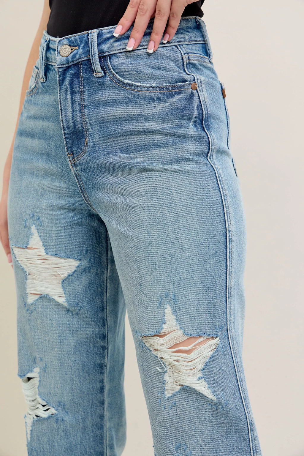Full Size High Waist Rigid Magic Star Shaped Destroy 90's Straight Jeans Plus Size