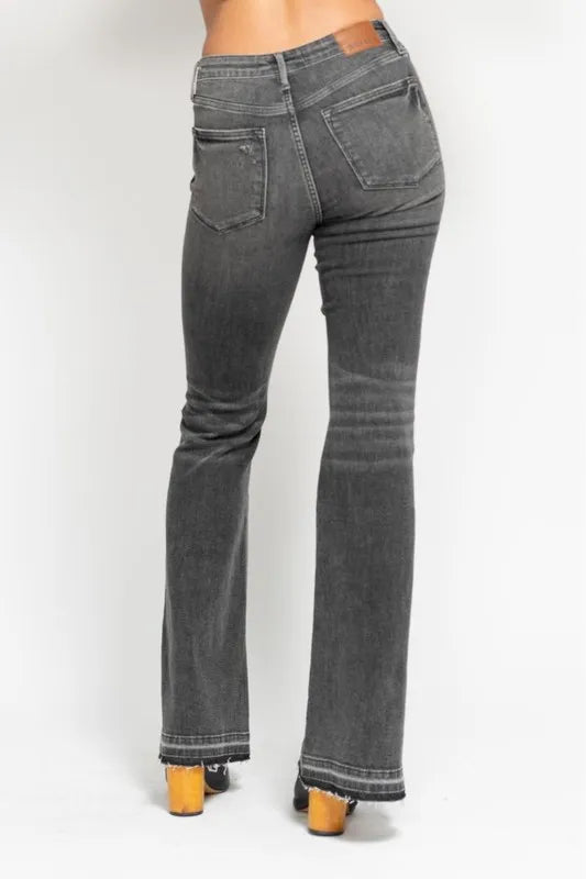 Full Size Mid Rise Tummy Control Washed Gray Release Hem Flare Jeans Plus Size