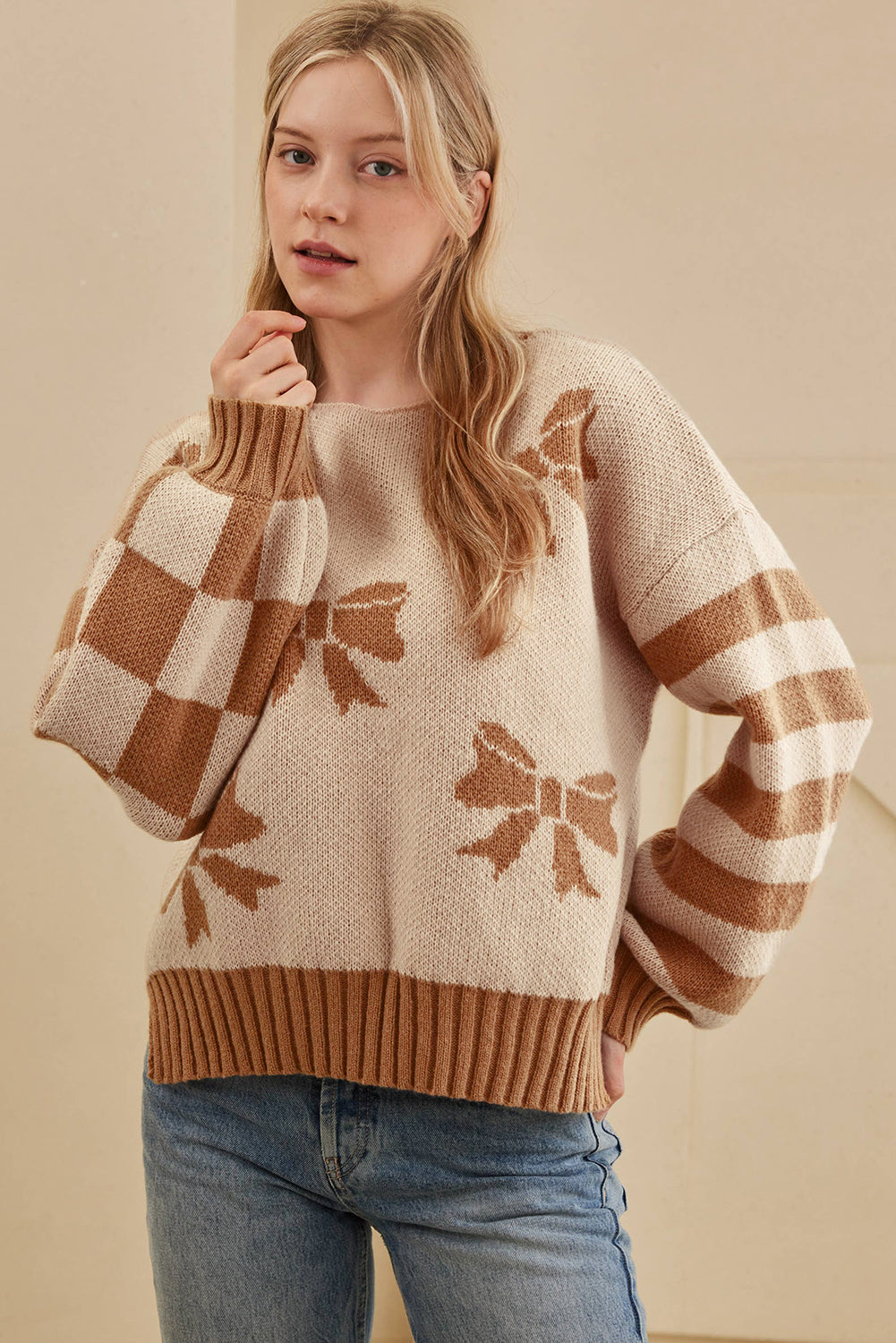 Straw Yellow Ribbon Bow Print Checkered Striped Sleeve Drop Shoulder Sweater