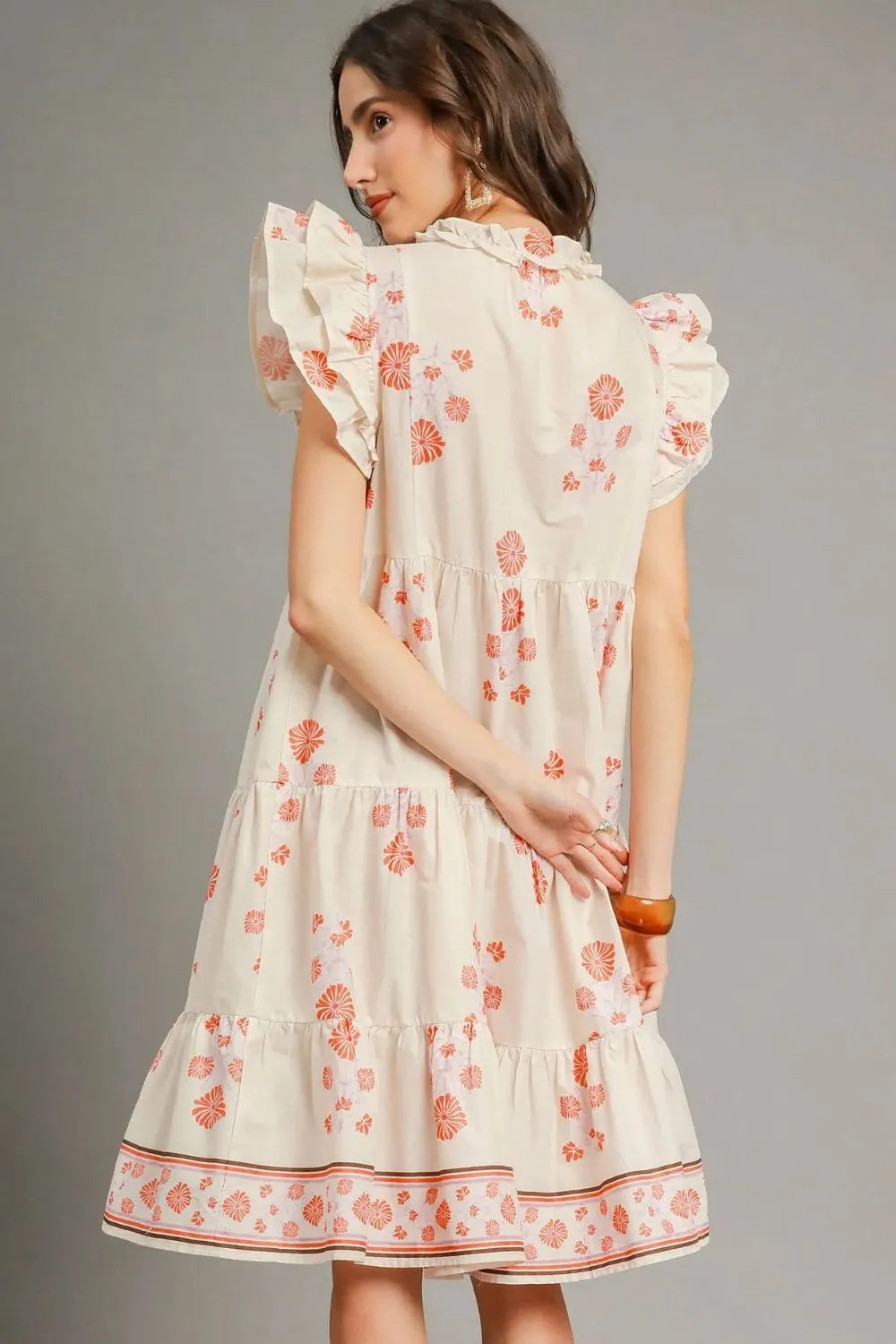 Printed Tie Neck Ruffle Cap Sleeve Dress