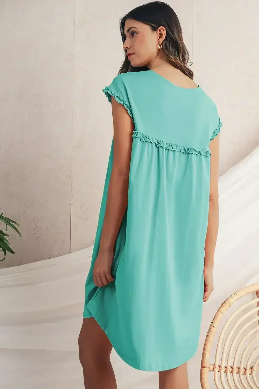 Oatmeal Frilled Trim Crewneck Loose Fit Mini Dress