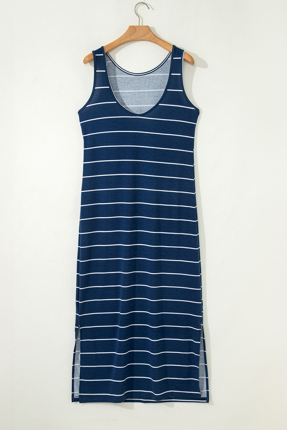 Blue Gray Stripe Print Open Back Sleeveless Maxi Dress with Slits