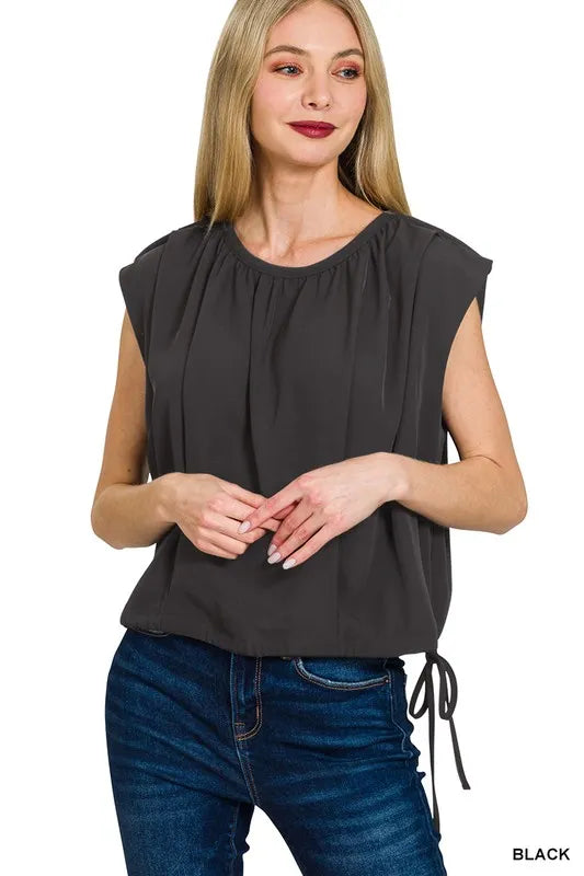 Woven Drawstring Tie Side Sleeveless Top