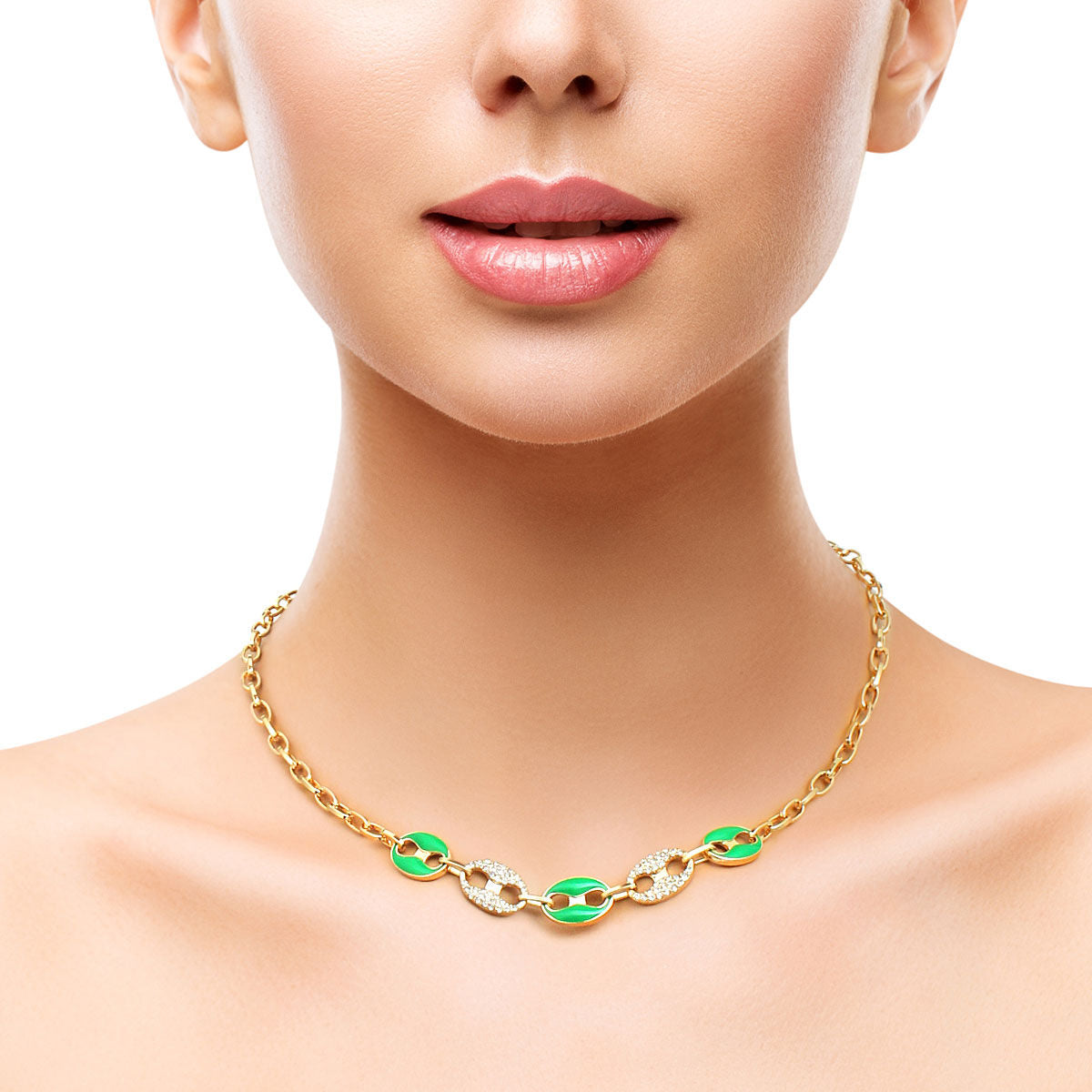 Statement Mariner Chain Necklace Green Gold Stylish Jewelry Accessory