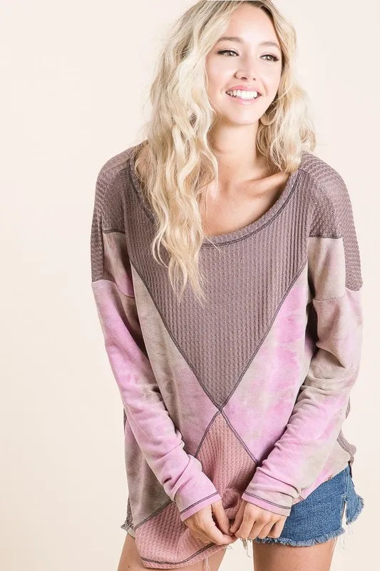 Thermal Waffle Color Block Top with Tie Dye