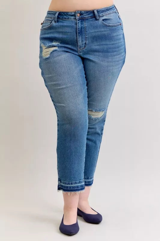 Full Size Mid Rise Bf Patch & Repair Destroy Release Hem Jeans Plus Size