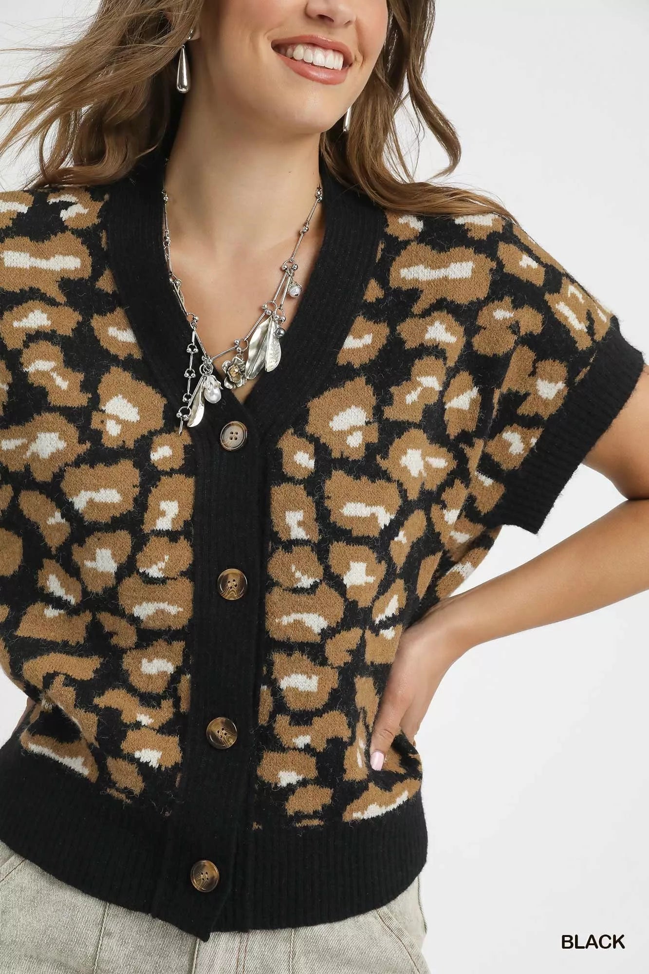 Leopard Button Down Short Sleeve Cardigan