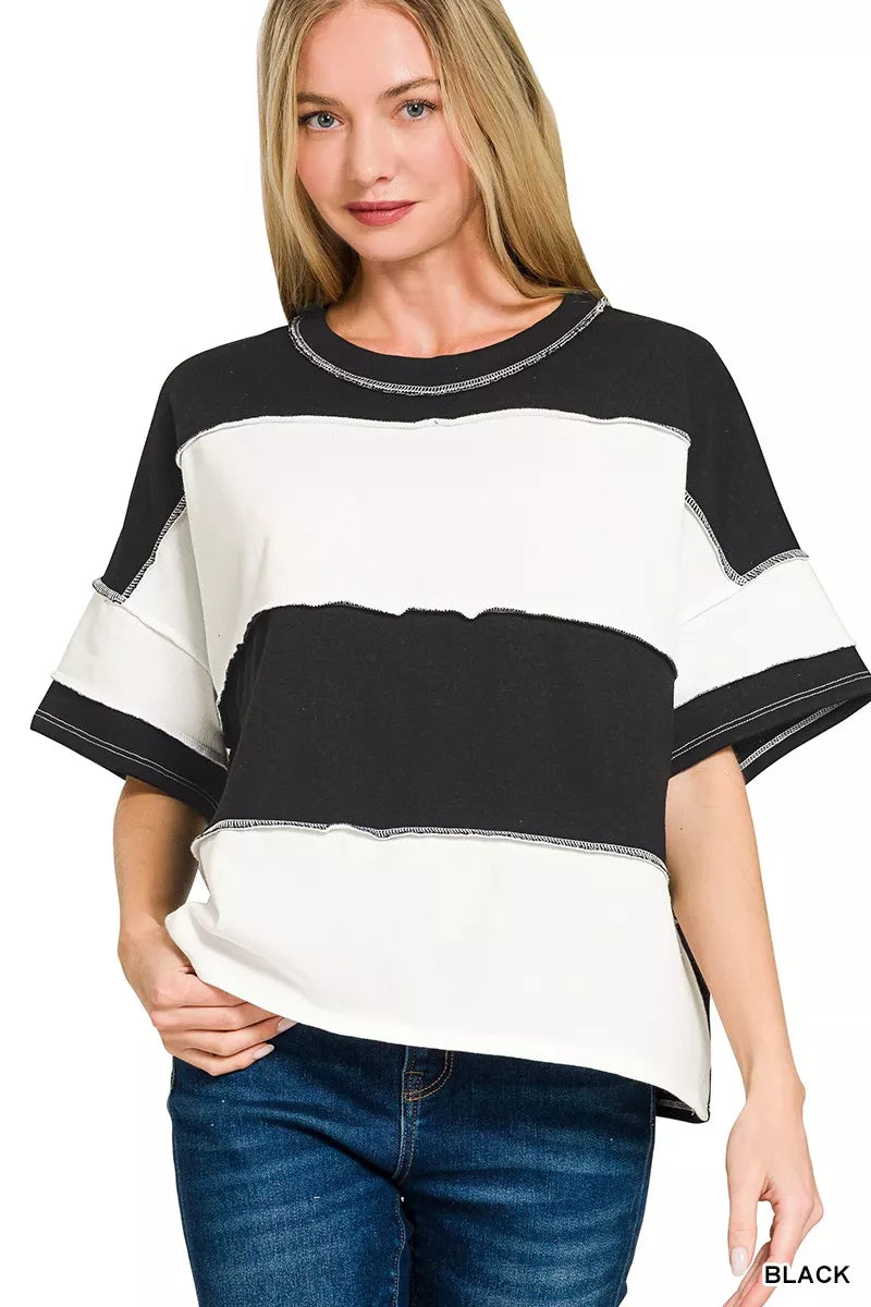 I am a Fashion Junky French Terry Color Block Exposed Seam Top