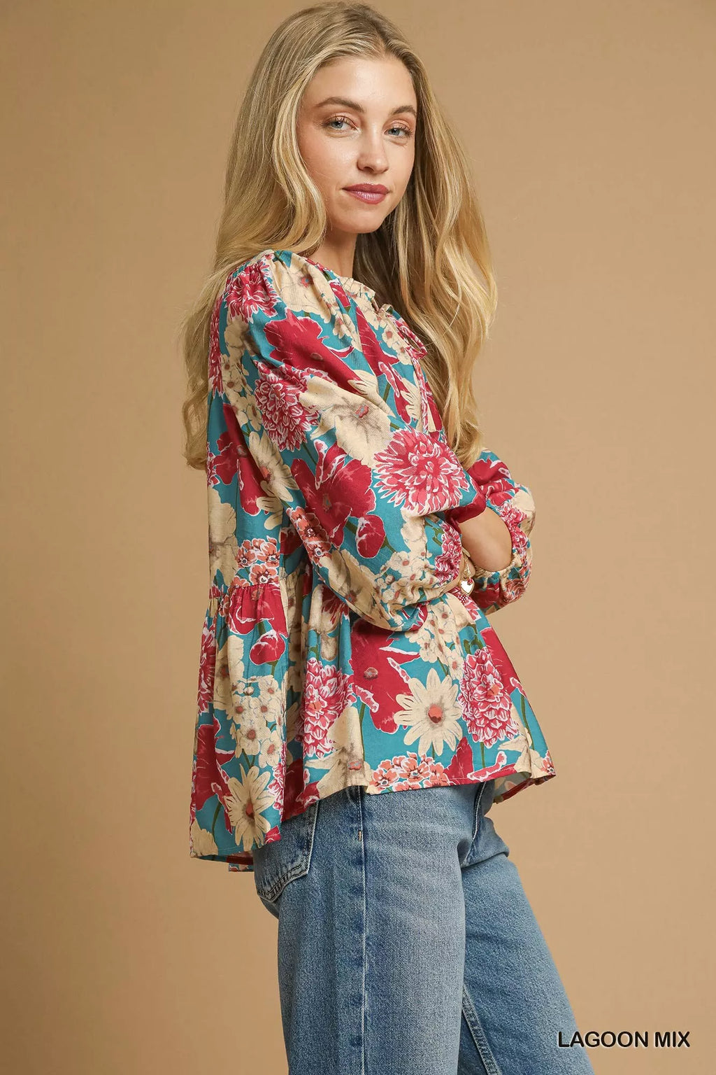 Mix Floral Peplum Blouse with Tie Neck