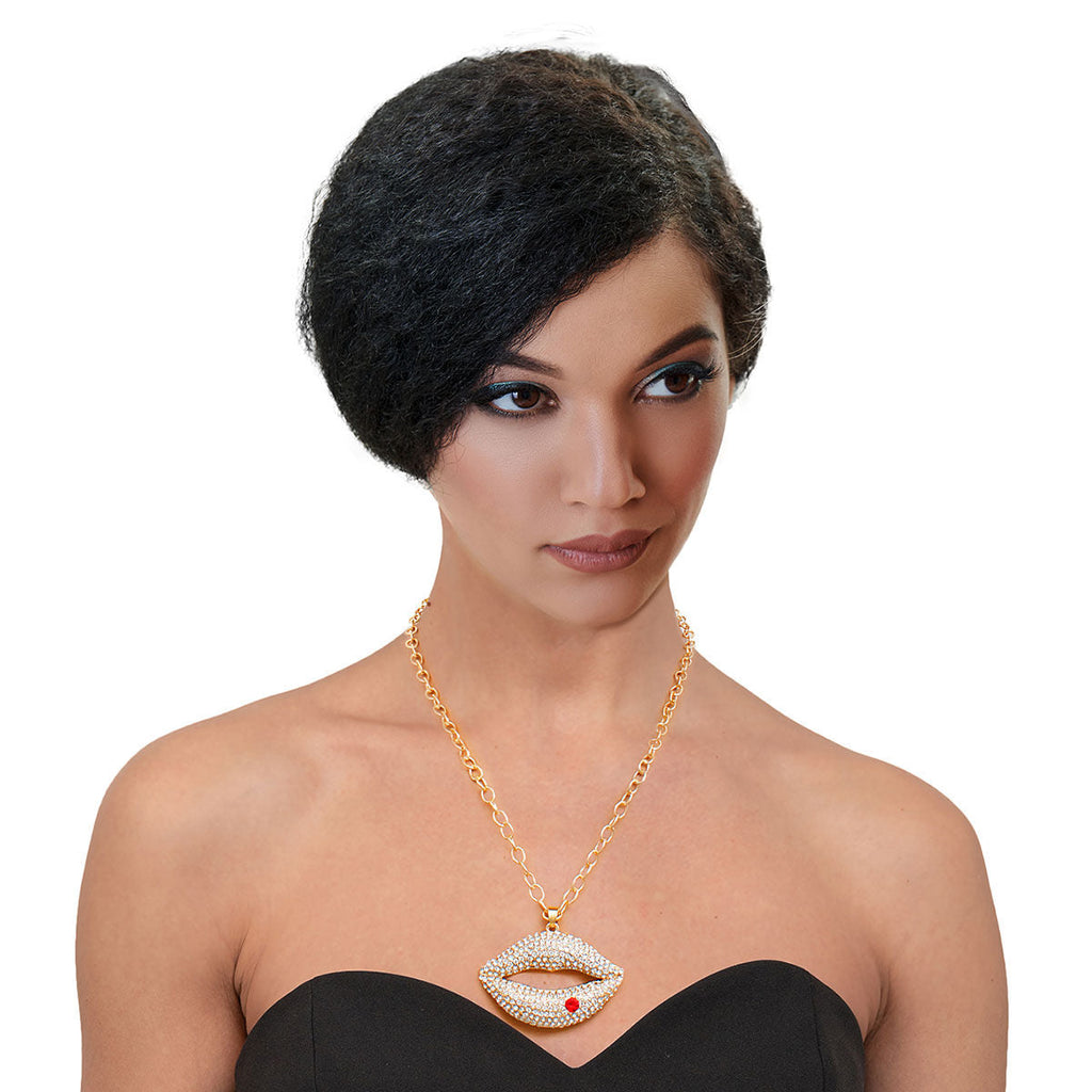 Statement Gold Chain Necklace with Clear Rhinestone Lips Pendant