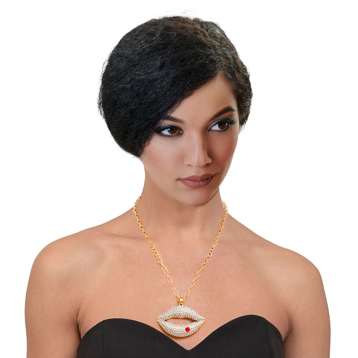 Statement Gold Chain Necklace with Clear Rhinestone Lips Pendant