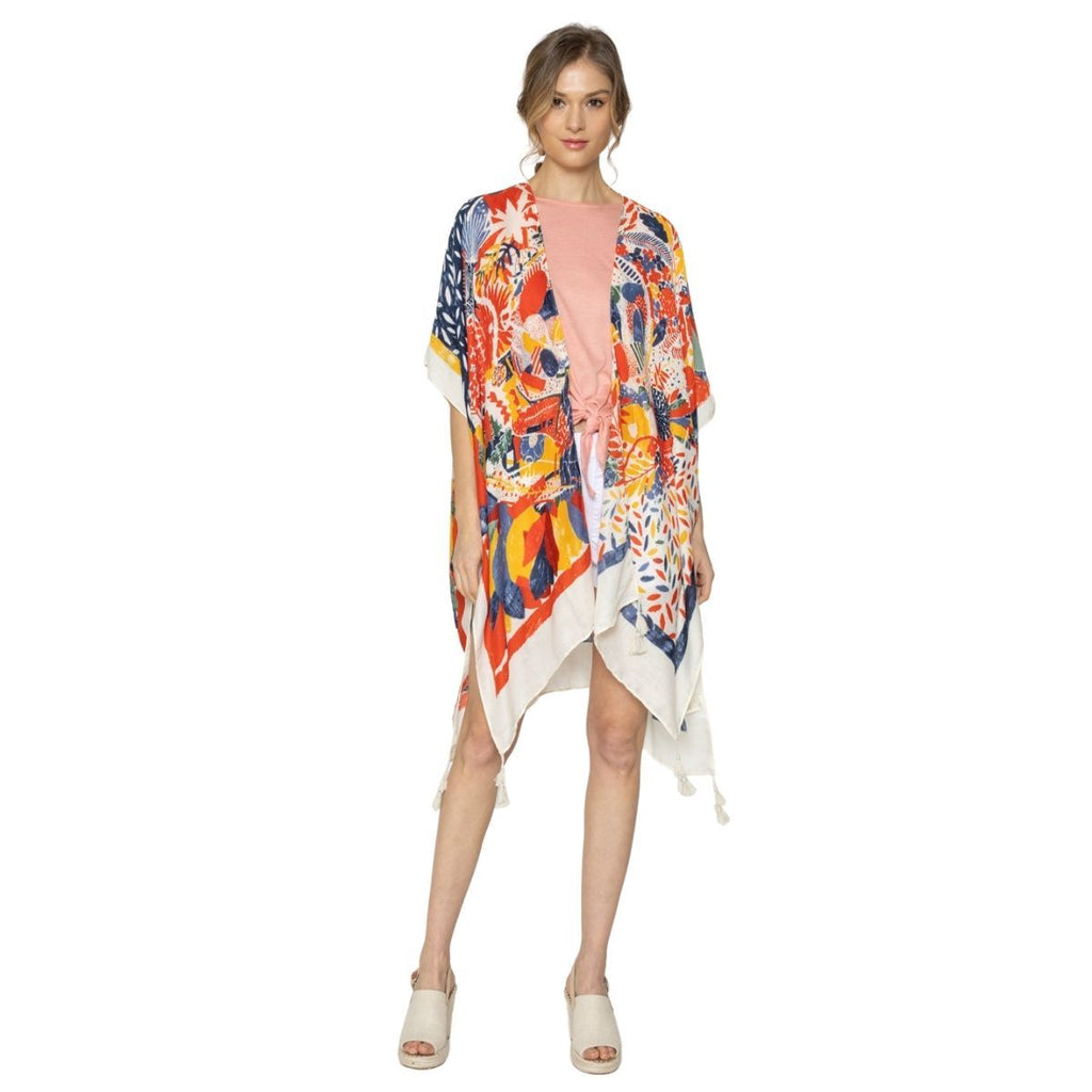 Women’s Kimono Red Mixed Pattern Tassel Stylish Casual Layered