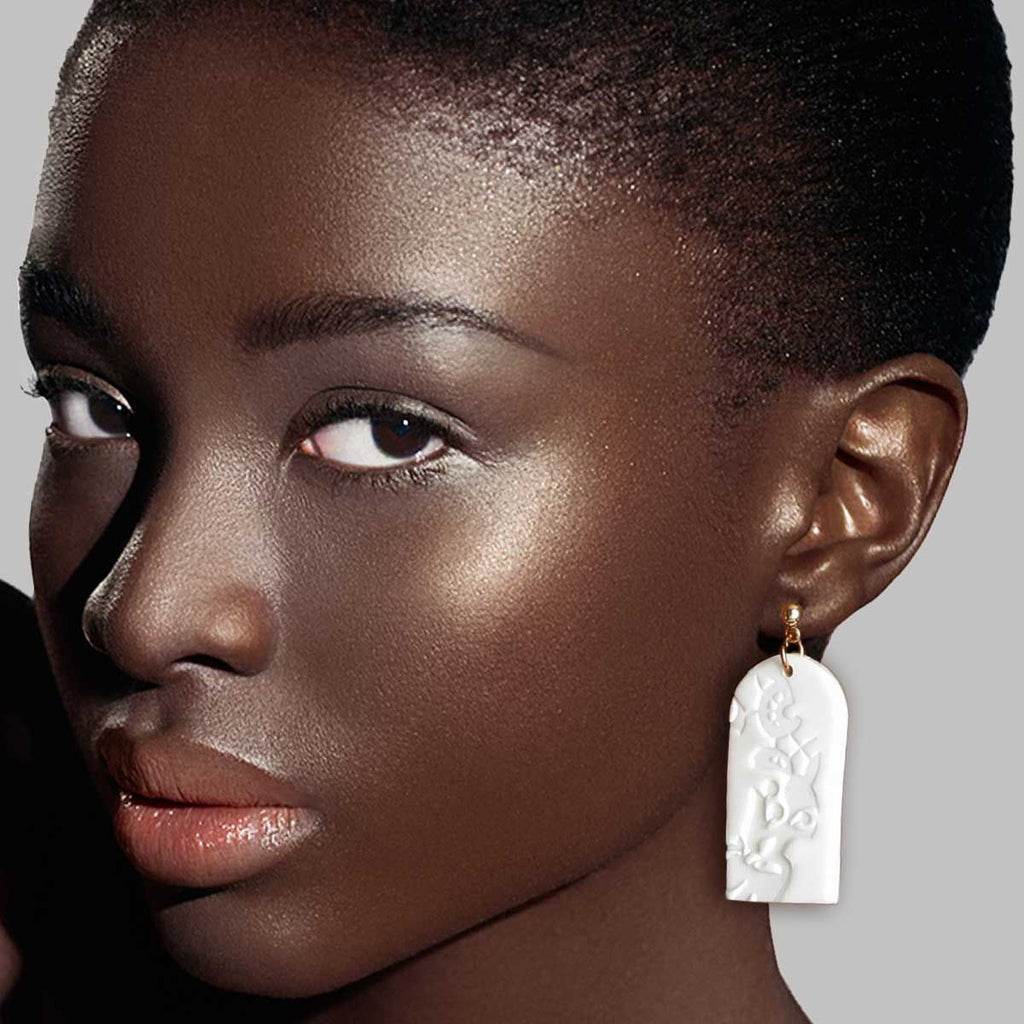 Bridal Earrings Rounded Rectangle White Clay Stylish Statement Jewelry