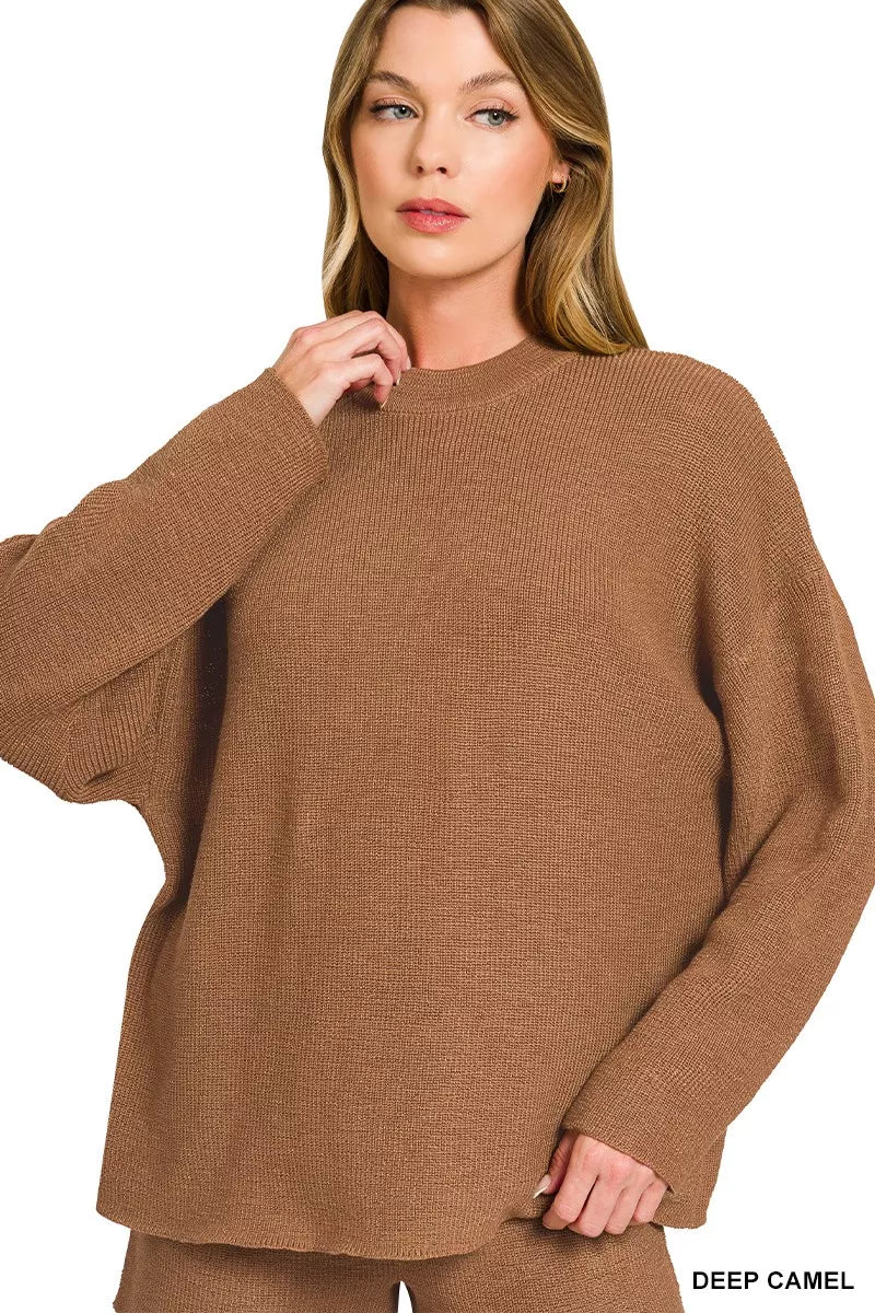 Round Neck Knit Top and Shorts Sweater Set