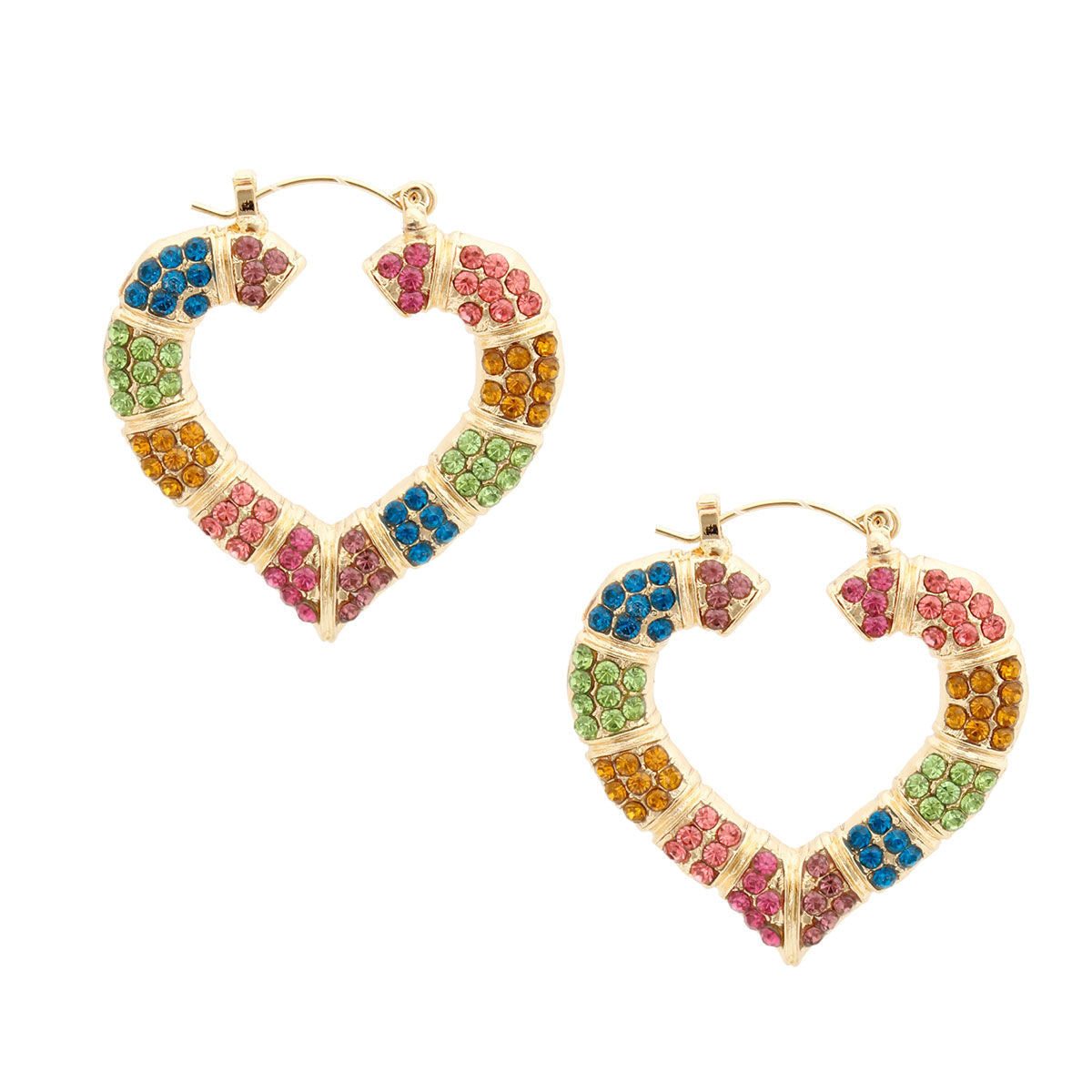 Statement Bamboo Hoop Earrings with Multi Color Bling Heart Detail