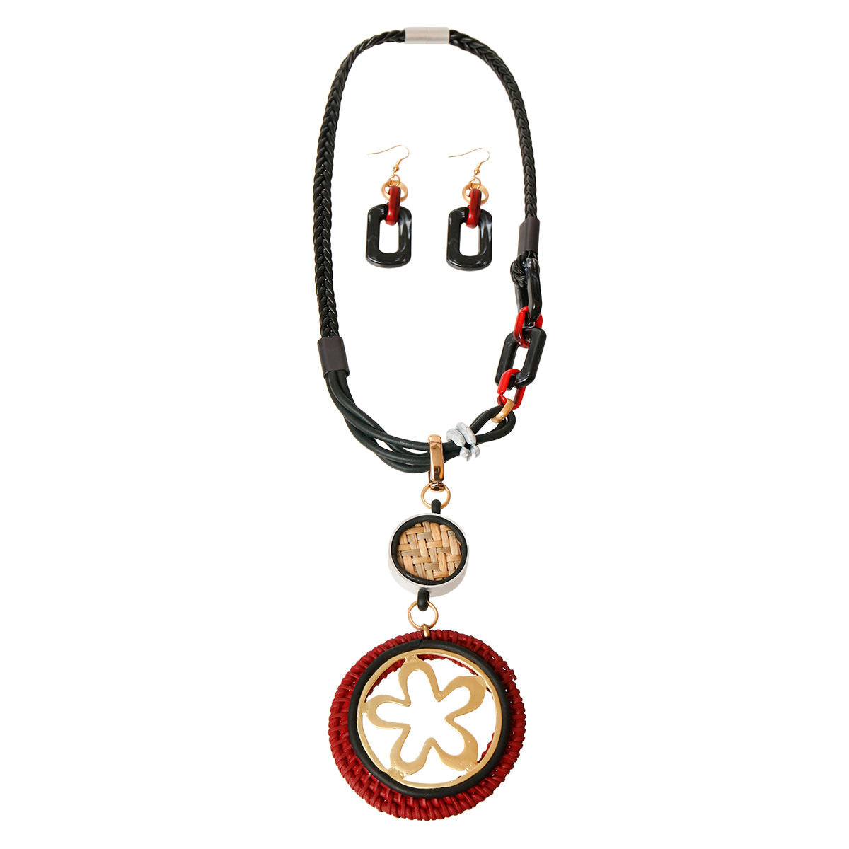 Leather Pendant Set Red and Black Stylish Statement Jewelry