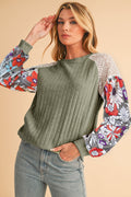 Parchment Floral Patchwork Raglan Sleeve Ribbed Blouse