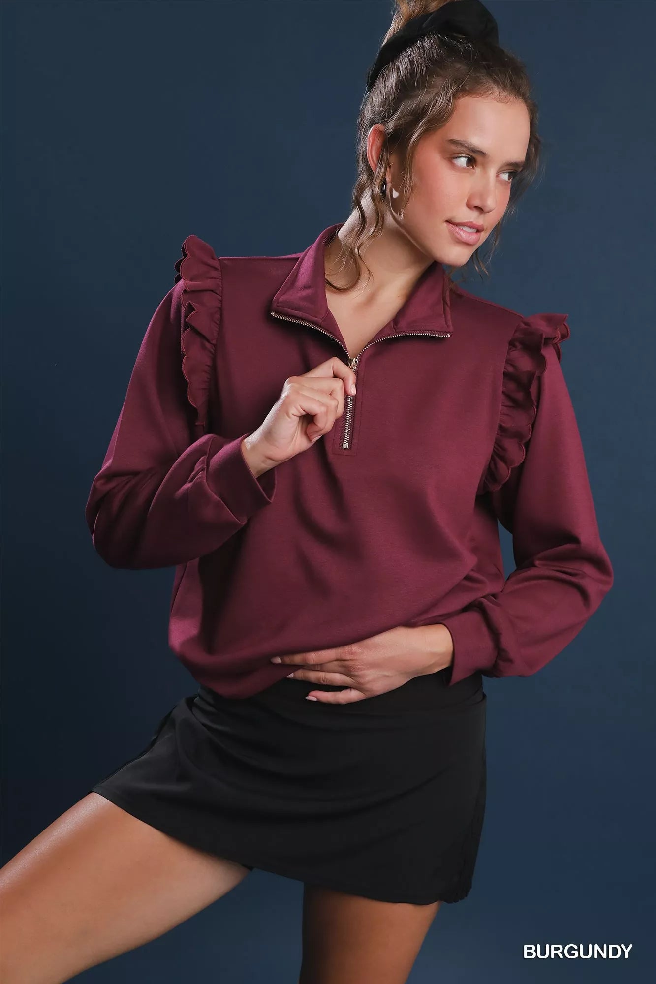 Luxeknit Ruffle Shoulder Quarter-Zip Sweatshirt