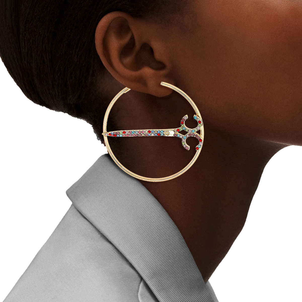 Stone Scissor Hoop Earrings Multi Color Trendy Statement Jewelry