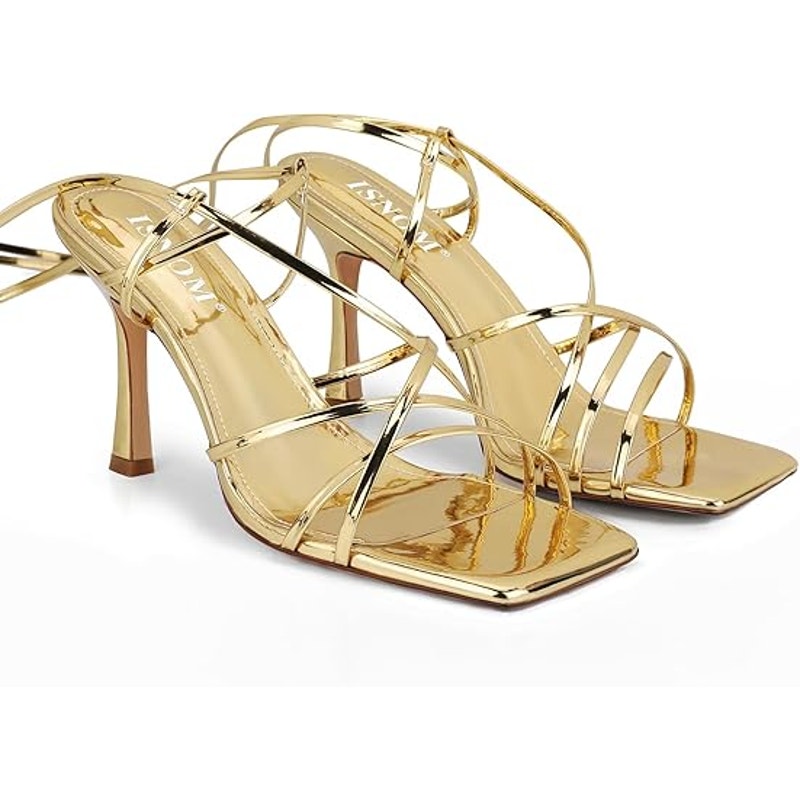 New Isnom Womens 8.5 Shiny Gold Open Toe 4" Heel Leg Wrap Stiletto Sandal Shoes