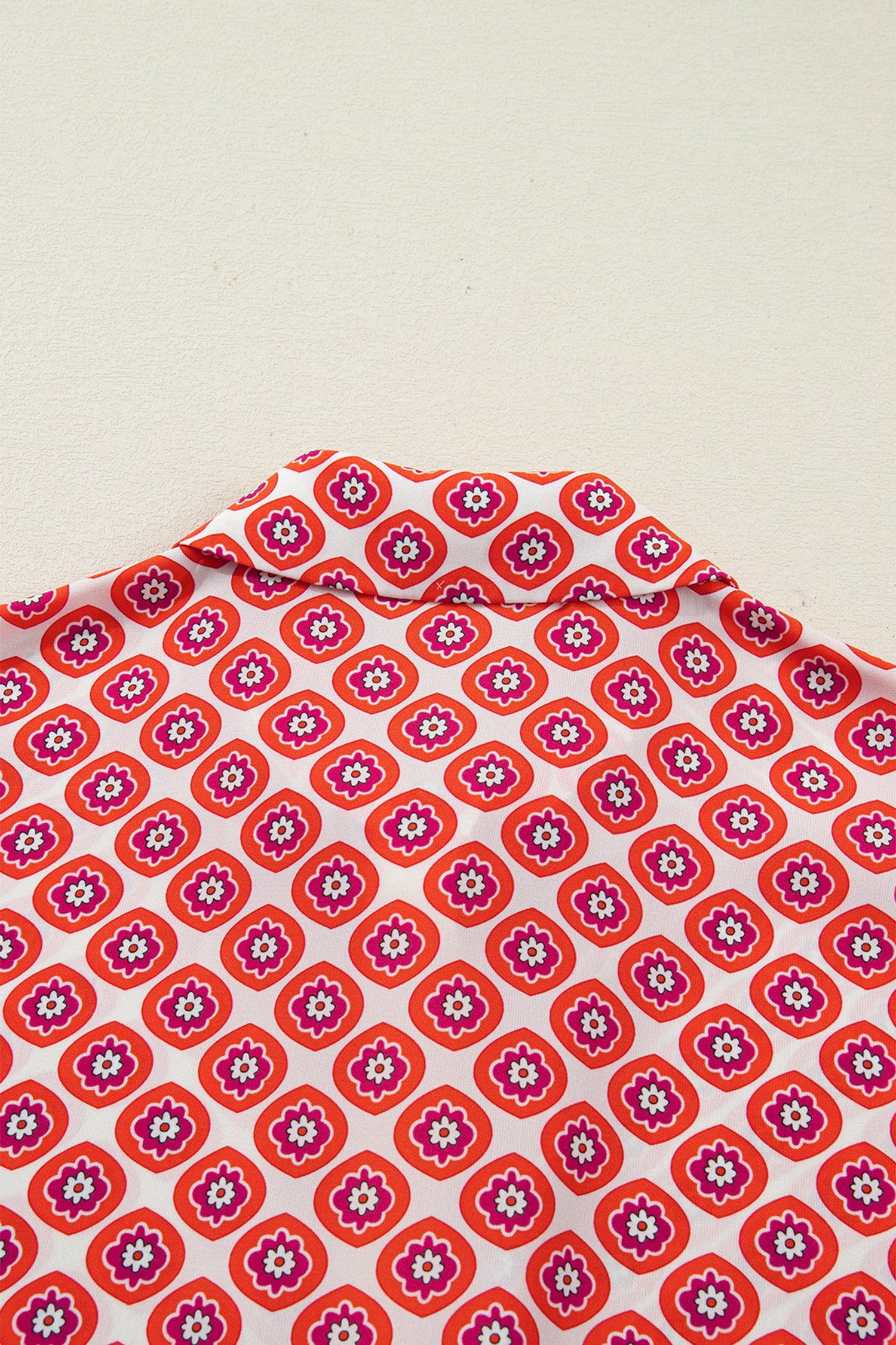 Orange Geometric Floral Print Color Block Trim Button Front Ruffle Hem Dress