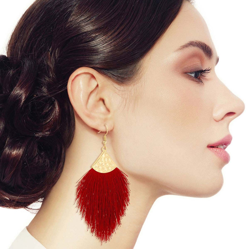 Silk Tassel Fish Hook Earrings Burgundy Stylish Statement Jewelry