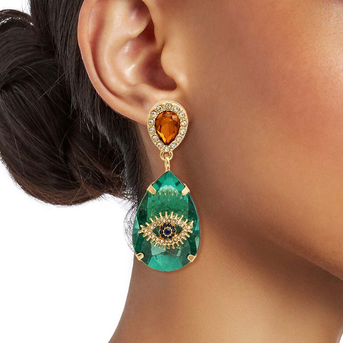Earrings Green Crystal Teardrop Evil Eye Stylish Statement Jewelry