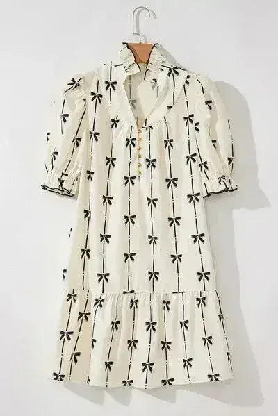 Frill Bow Print Notched Short Sleeve Mini Dress