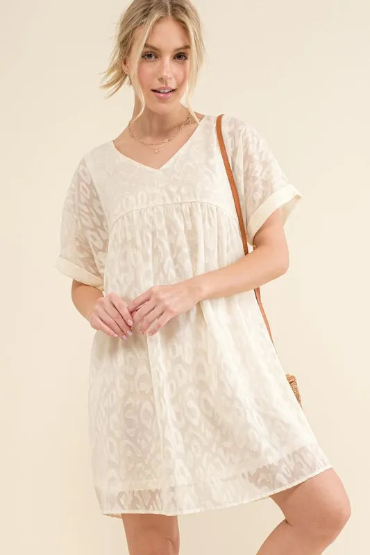 Woven Leopard Baby Doll Roll-Sleeve Casual Dress