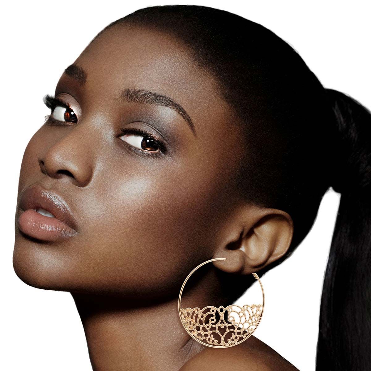 Fashion Hoop Earrings Gold Half Filigree Stylish Statement Hoops