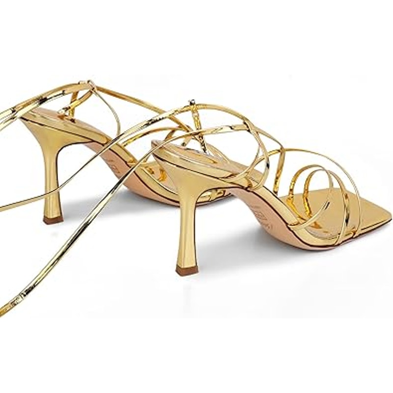 New Isnom Womens 8.5 Shiny Gold Open Toe 4" Heel Leg Wrap Stiletto Sandal Shoes