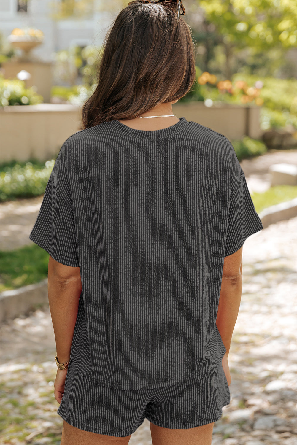 Carbon Grey Sequin Crawfish Food Print Textured Tee and Short Set