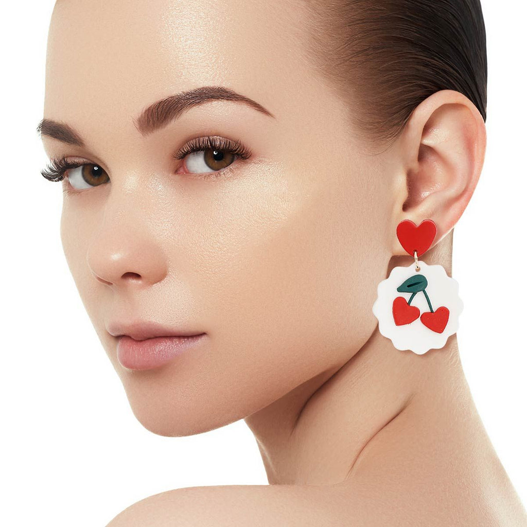 Statement Cherry Earrings White and Red Clay Stylish Fashion Jewelry