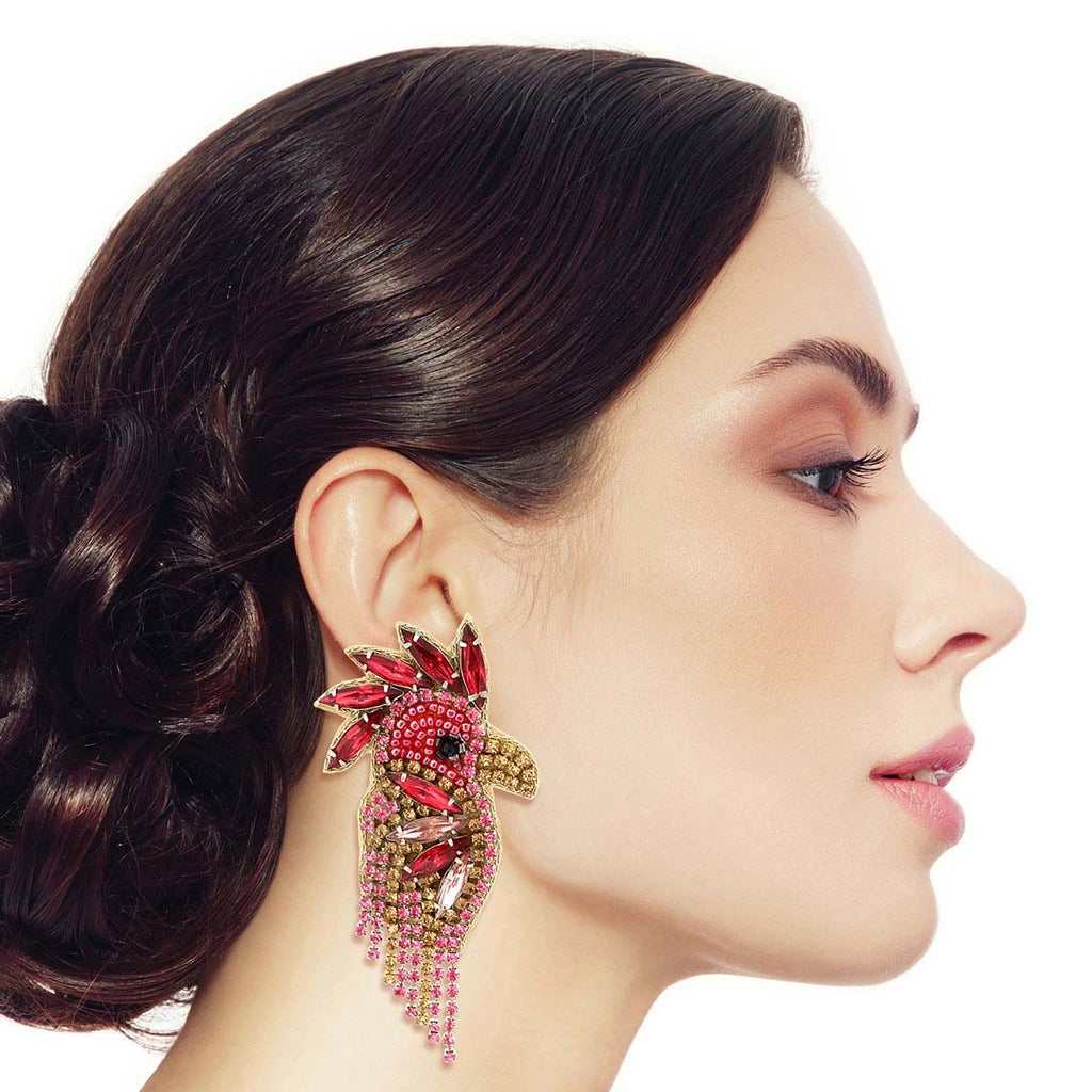 Statement Earrings Pink Rhinestone and Bead Macaw Design Stylish Fashion Jewelry