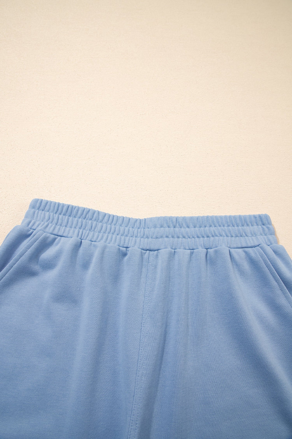 Sky Blue Solid Color Contrast Textured Patchwork Raw Edge 2pcs Short Set