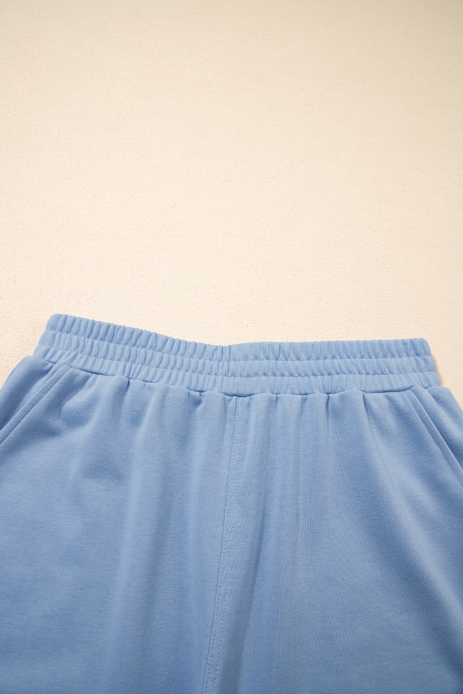Sky Blue Solid Color Contrast Textured Patchwork Raw Edge 2pcs Short Set