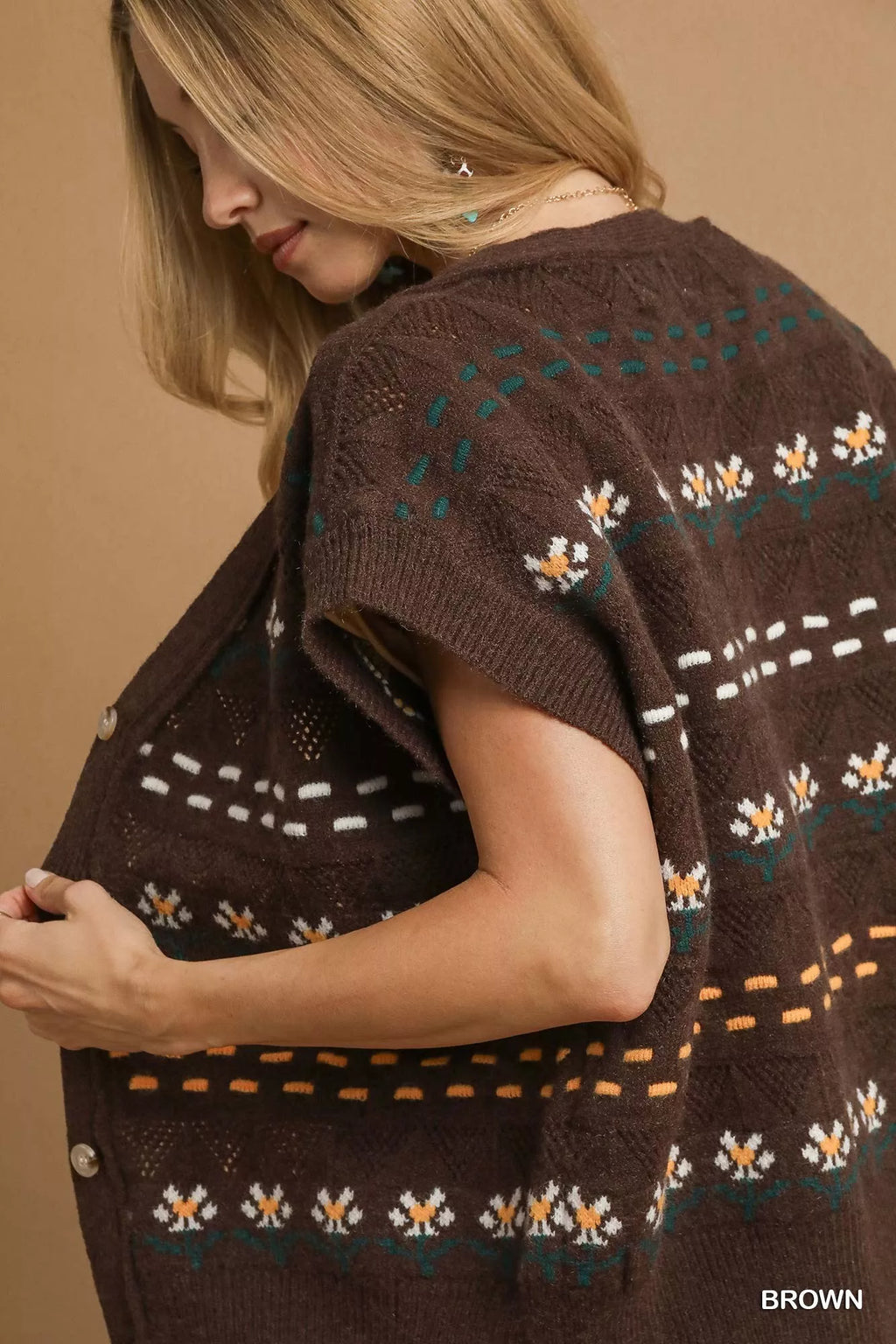 Button-Down Knit Vest with Floral Pattern