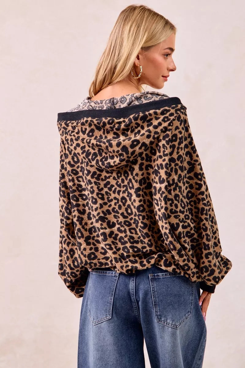 Leopard Print Waffle Half Zip Up Hoodie W Pocket