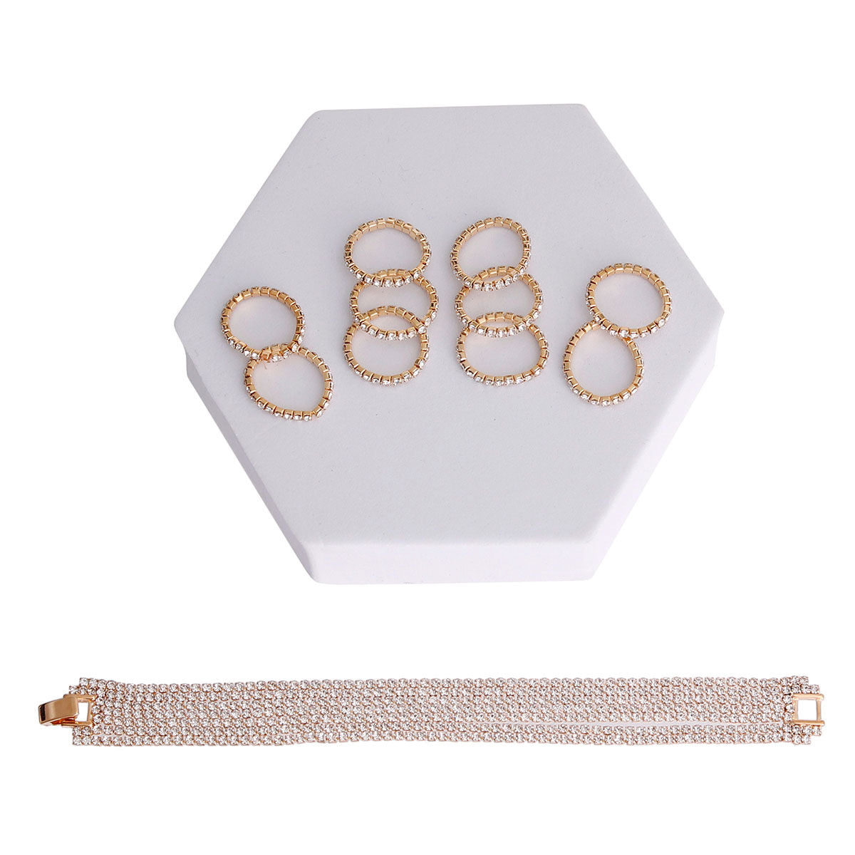 Rhinestone Ring and Bracelet Set in Gold – Stylish Statement Jewelry