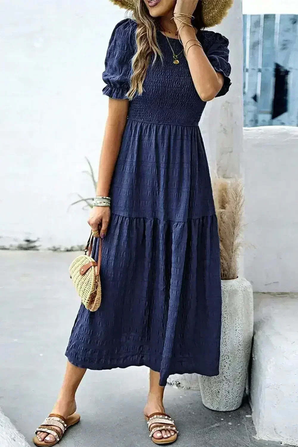 Sail Blue Solid Textured Smocked High Waist Midi Dress