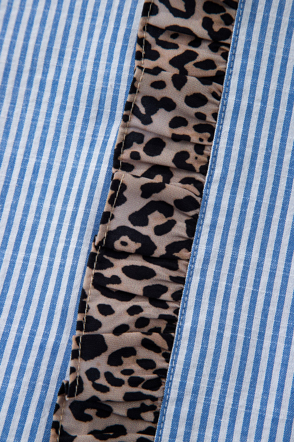 Sky Blue Stripe Contrast Frilled Leopard Trim Casual Long Sleeve Shirt
