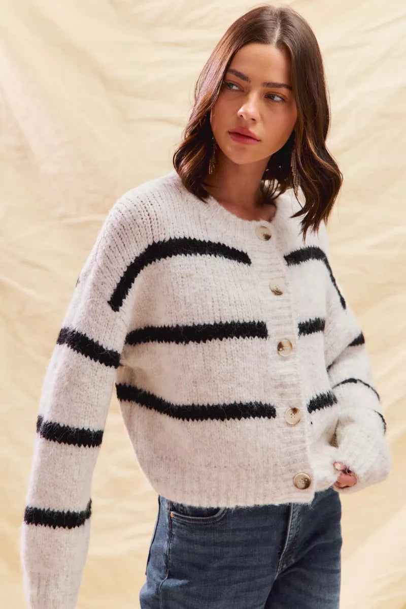 Stripe Soft Touch Button Cozy Sweater Cardigan