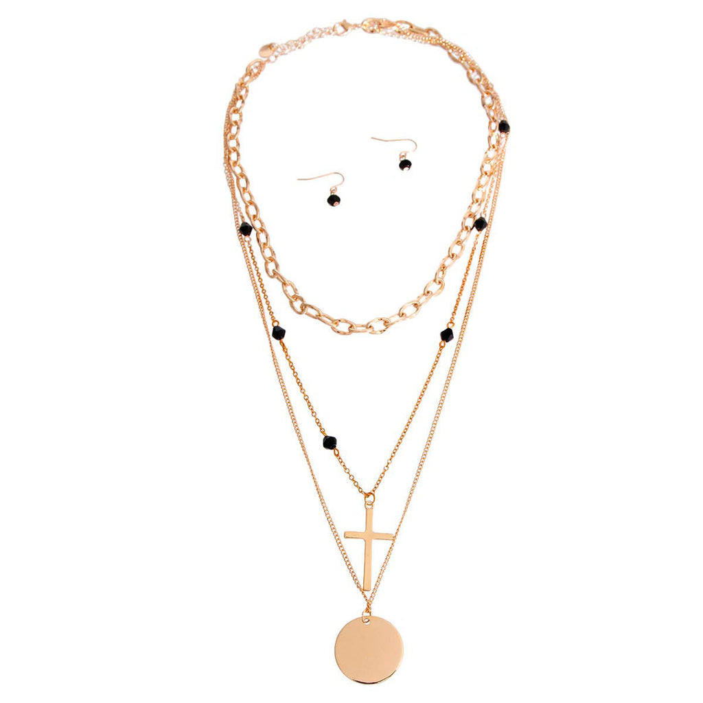 Statement Necklace with Black Glass and Cross Charm, Stylish Fashion Jewelry